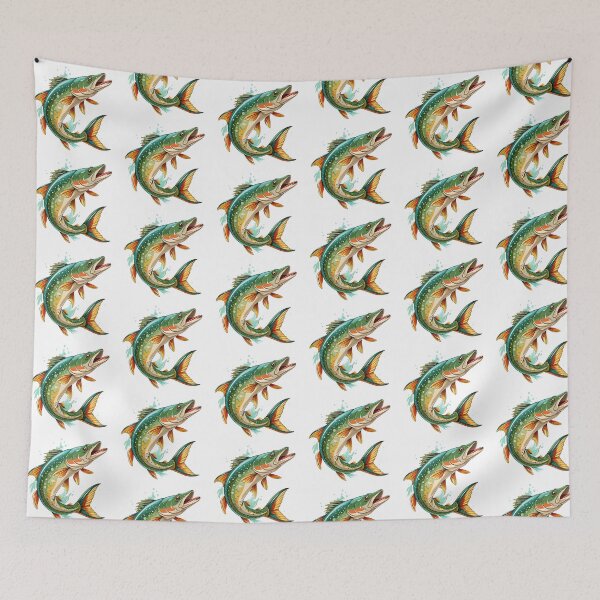Item preview, Illustrated Leaping Pike Fish Vibrant Colors Dynamic Pose Water Bubbles designed and sold by Rostislav Bouda.