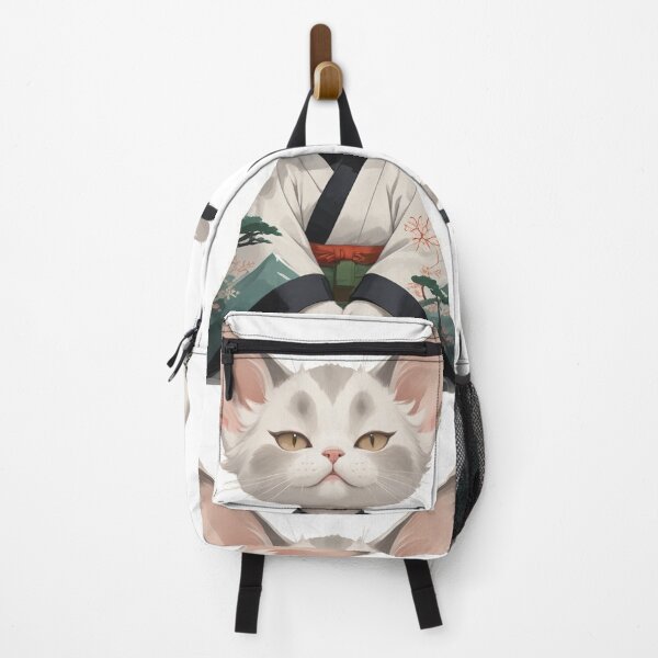 Item preview, A digital painting of a white cat with large ears, dressed in a traditional Japanese kimono adorned with delicate mountain and floral motifs. designed and sold by Nataliya Kretsu.