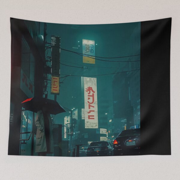 Item preview, Cyberpunk Japanese City Night Photography Neon Lights Rainy Street designed and sold by regnumsaturni.