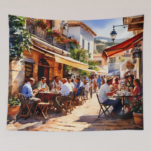 Item preview, Vibrant Skiathos Watercolor Street Scene designed and sold by LSVart.