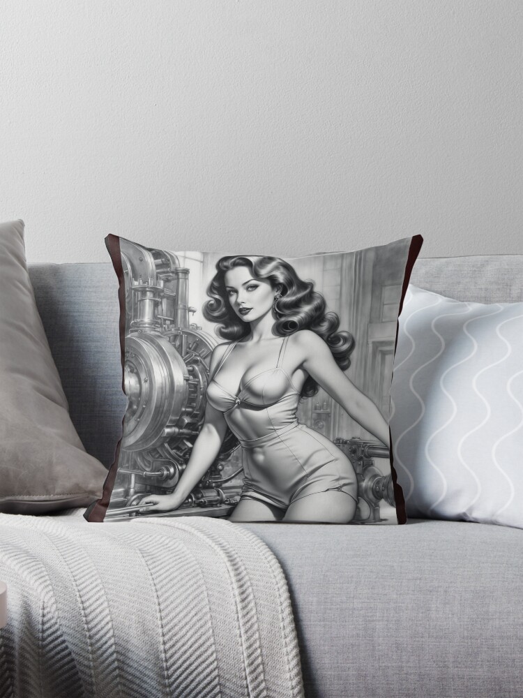 Stunning Retro Fusion Industrial Age Pin-Up Girl Introduces The Tyler 11859 Turbo Thruster AI Concept Art by Xzendor7 Decorative Art Print Throw Pillow
