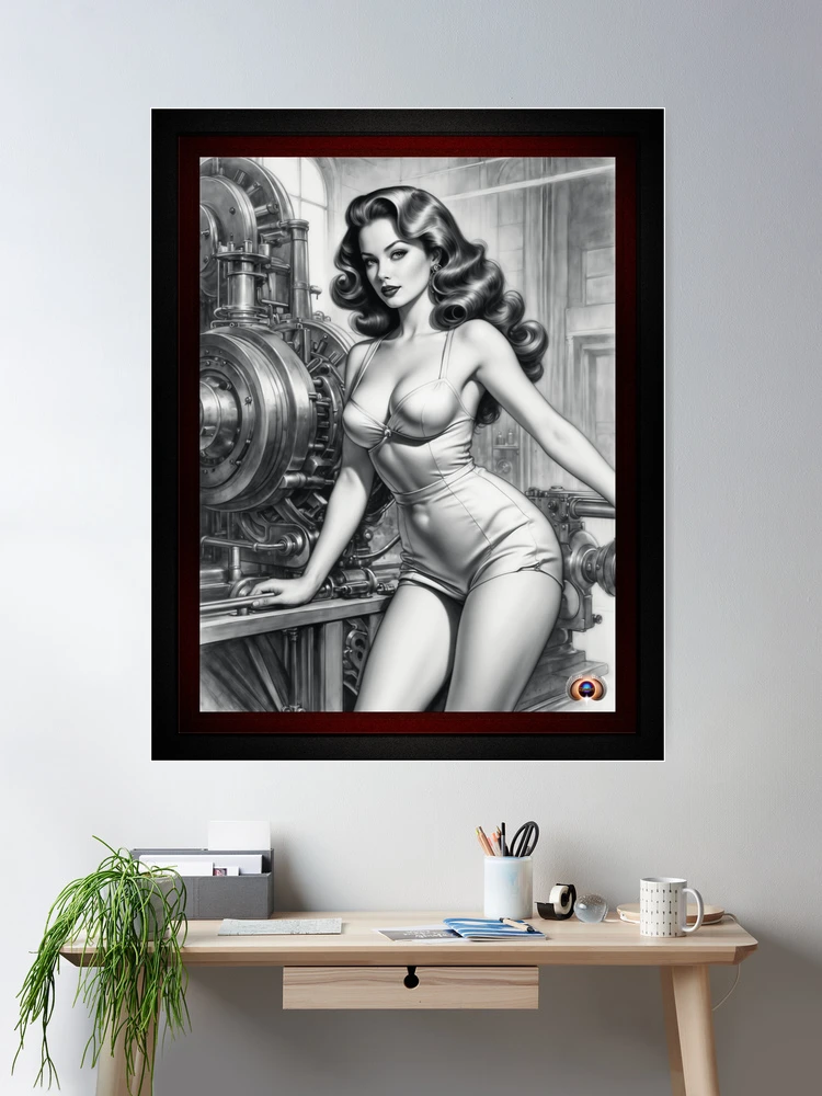 Stunning Retro Fusion Industrial Age Pin-Up Girl Introduces The Tyler 11859 Turbo Thruster AI Concept Art by Xzendor7 Wall Decor Poster Art Print
