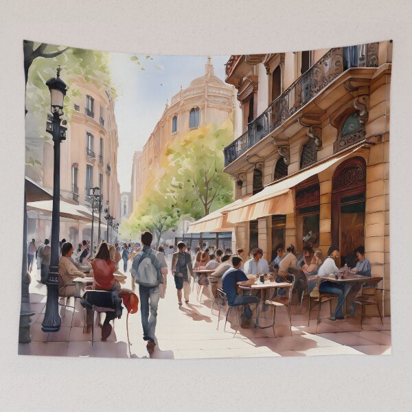 Item preview, Barcelona Ramblas: Watercolor Street Café Serenity designed and sold by LSVart.