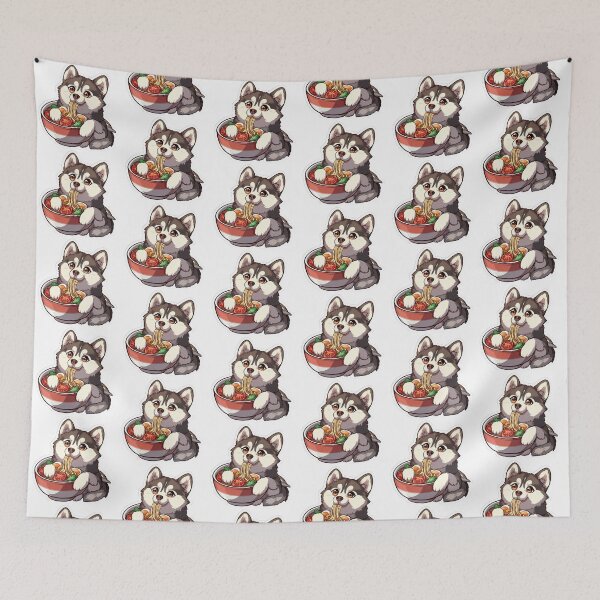 Item preview, Whimsical anime husky dog sipping noodles designed and sold by tjnextgen99.