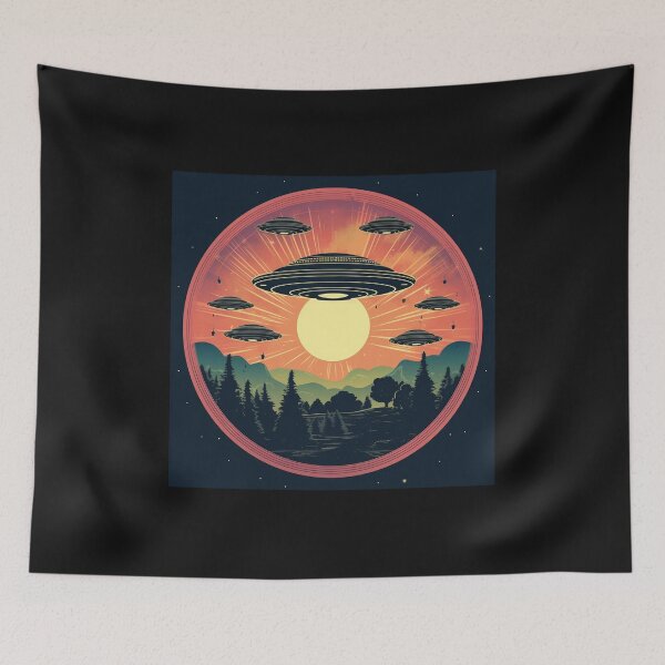 Item preview, Flying Saucers UFO appearing at sunset in Retro Vintage Style designed and sold by redstar19.