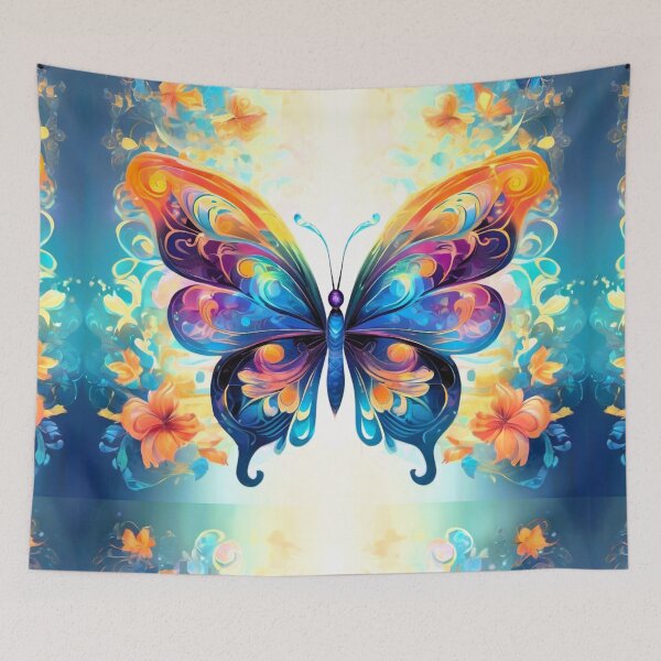 Item preview, Butterfly series printed fabric, blue, orange, purple, arabesques designed and sold by janjacbu.