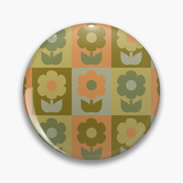 Item preview, Retro Floral Jonnty Flowers Checkered Pattern in Vintage Olive Green and Cantaloupe Orange Tones designed and sold by kierkegaard.