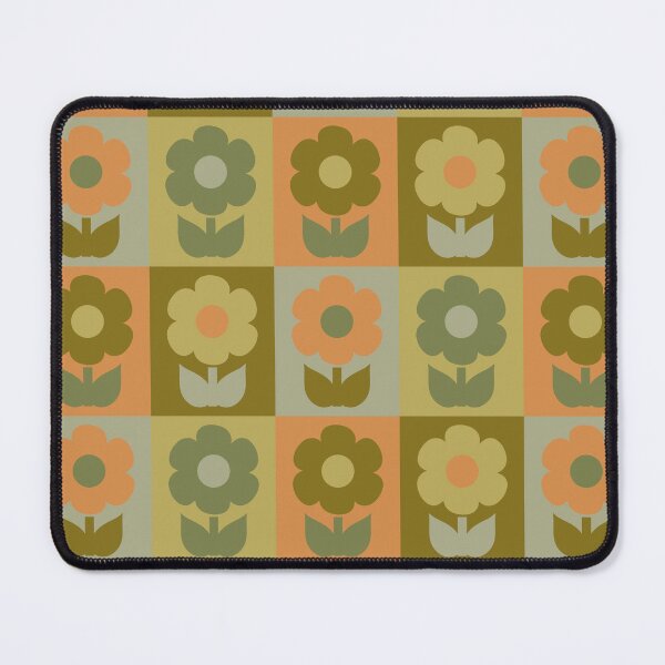 Item preview, Retro Floral Jonnty Flowers Checkered Pattern in Vintage Olive Green and Cantaloupe Orange Tones designed and sold by kierkegaard.