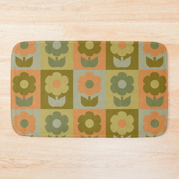 Item preview, Retro Floral Jonnty Flowers Checkered Pattern in Vintage Olive Green and Cantaloupe Orange Tones designed and sold by kierkegaard.