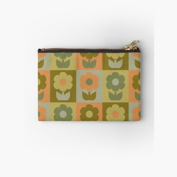 Item preview, Retro Floral Jonnty Flowers Checkered Pattern in Vintage Olive Green and Cantaloupe Orange Tones designed and sold by kierkegaard.