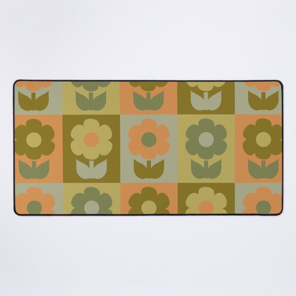 Item preview, Retro Floral Jonnty Flowers Checkered Pattern in Vintage Olive Green and Cantaloupe Orange Tones designed and sold by kierkegaard.