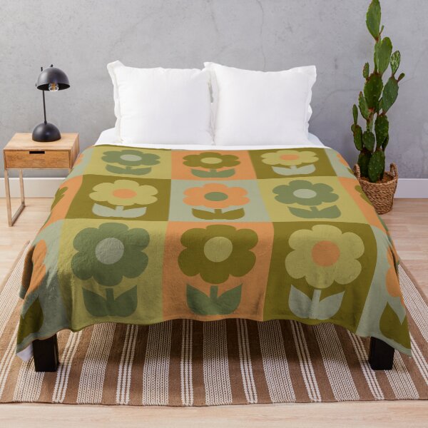 Item preview, Retro Floral Jonnty Flowers Checkered Pattern in Vintage Olive Green and Cantaloupe Orange Tones designed and sold by kierkegaard.