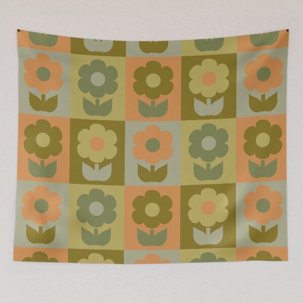 Item preview, Retro Floral Jonnty Flowers Checkered Pattern in Vintage Olive Green and Cantaloupe Orange Tones designed and sold by kierkegaard.