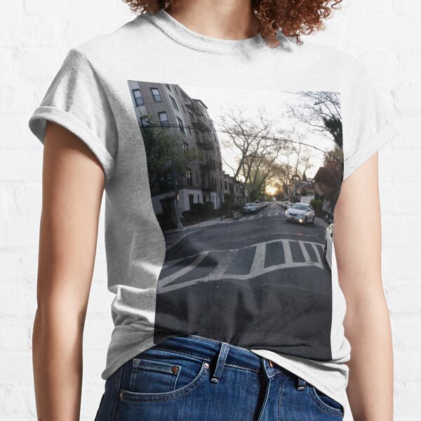 Zebra crossing, Happiness, Building, Skyscraper, New York, Manhattan, Street, Pedestrians, Cars, Towers, morning, trees, subway, station, Spring, flowers, Brooklyn Classic T-Shirt