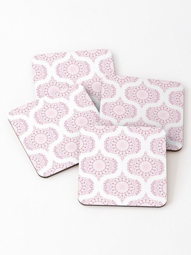 Coasters (Set of 4), Dusky Rose Confetti Lace Dot Mandala Retro Ogee designed and sold by Triplicate Limited