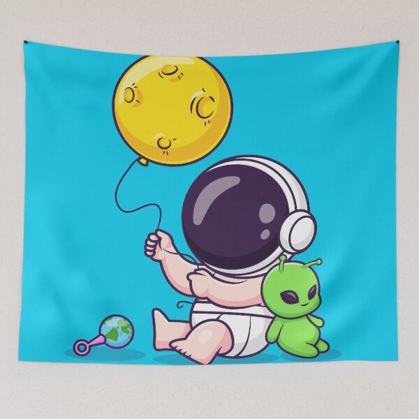 Item preview, Cute Baby Astronaut Holding Moon Balloon with Alien Doll Cartoon Vector Icon - Adorable Science and Space Illustration designed and sold by hjian8219.