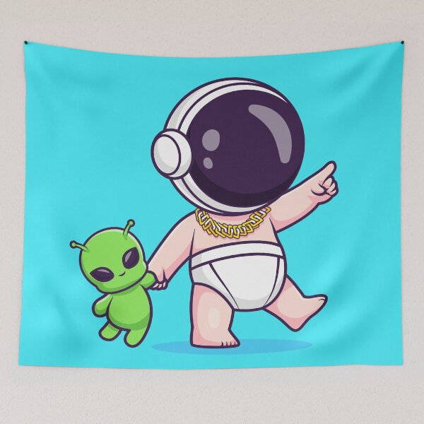 Item preview, Cute Baby Astronaut Walking with Alien Doll Pointing Cartoon Vector Icon - Playful Science and Space Illustration designed and sold by hjian8219.