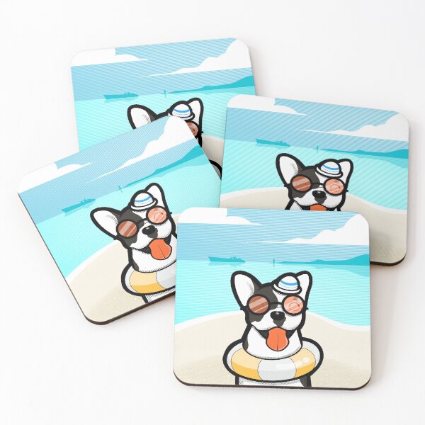 Item preview, Smiling Dog wearing sunglass on the beach with life boey and small sailor hat . designed and sold by tennstudio.