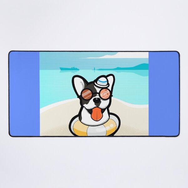 Item preview, Smiling Dog wearing sunglass on the beach with life boey and small sailor hat . designed and sold by tennstudio.