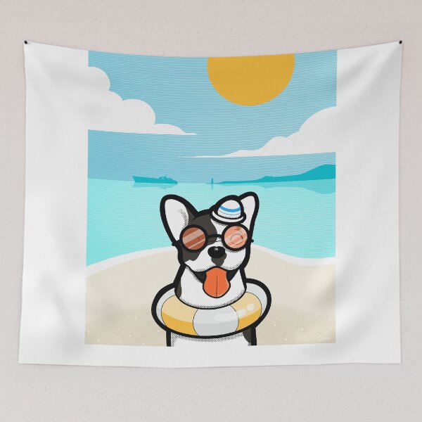 Item preview, Smiling Dog wearing sunglass on the beach with life boey and small sailor hat . designed and sold by tennstudio.
