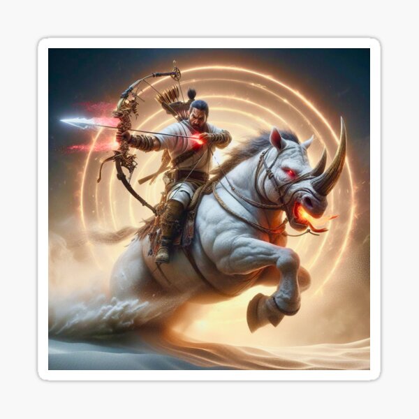 Vista previa del artículo con la obra «Título: "Rhino Rider: Arquero de las Arenas Celestiales"», diseñado y vendido por Ghost Archer Illusions.