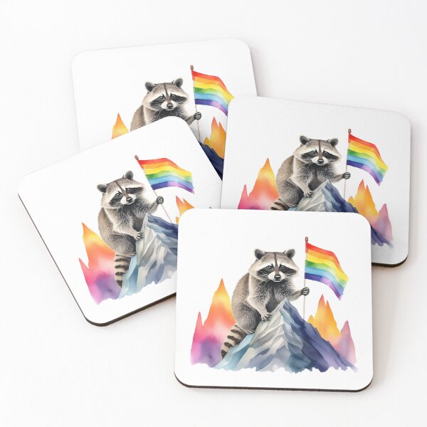Item preview, Raccoon puts a rainbow LGBT flag on the mountain designed and sold by Eamornia.