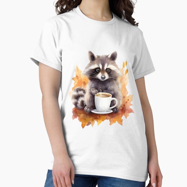 Vista previa del artículo con la obra «Las hojas de otoño caen lindo mapache con una taza de café», diseñado y vendido por AngelinaBezm.