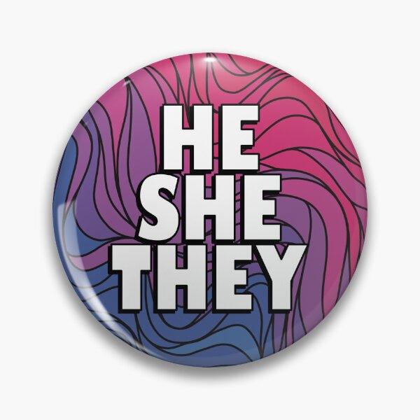 Aperçu de l'œuvre Badge pronom He/She/Ils sur les couleurs Bi Pride créée et vendue par TheCornerOnline.