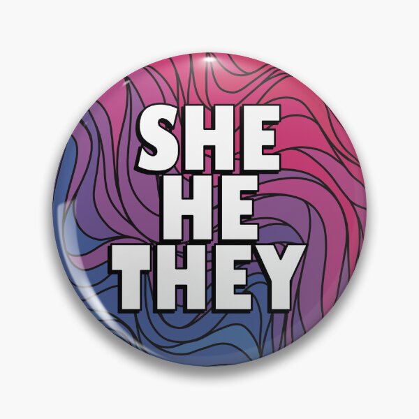 Aperçu de l'œuvre Insigne de pronom She/He/Ils sur les couleurs Bi Pride créée et vendue par TheCornerOnline.
