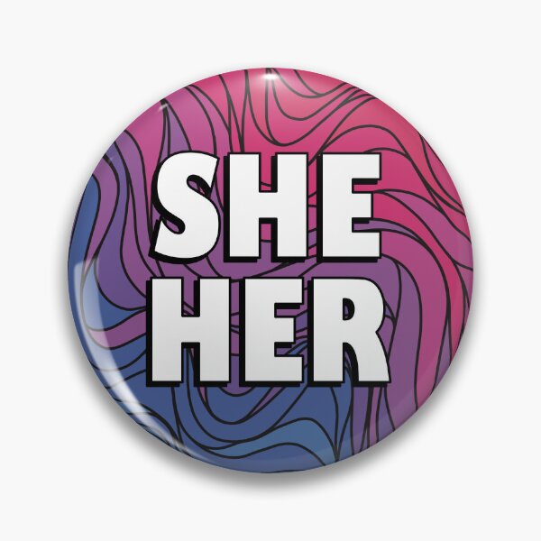 Item preview, She/Her Pronoun Badge on Bi Pride Colours designed and sold by TheCornerOnline.