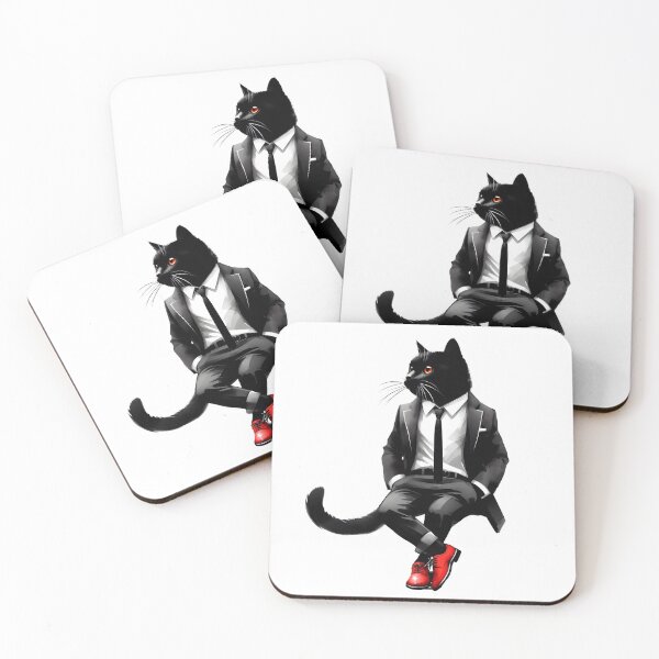 Item preview, Black cat in white pants, black tie, and red shoes, looking over its shoulder designed and sold by BlackCatspet1.