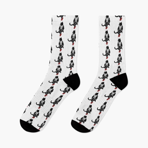 Item preview, Black cat in white pants, black tie, and red shoes, looking over its shoulder designed and sold by BlackCatspet1.