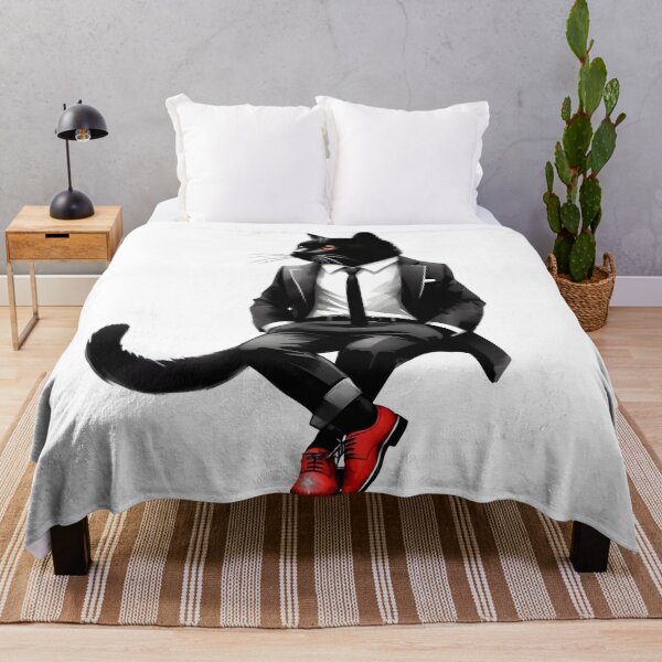 Item preview, Black cat in white pants, black tie, and red shoes, looking over its shoulder designed and sold by BlackCatspet1.