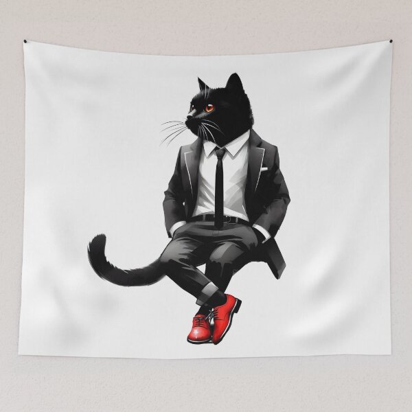 Item preview, Black cat in white pants, black tie, and red shoes, looking over its shoulder designed and sold by BlackCatspet1.