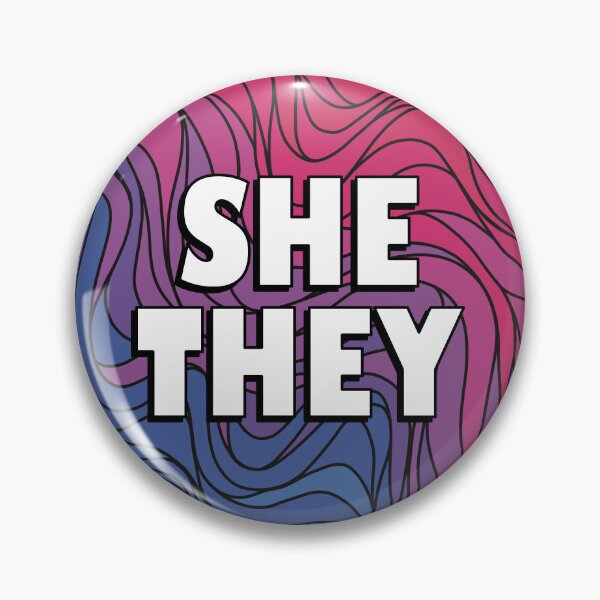 Item preview, She/They Pronoun Badge on Bi Pride Colours designed and sold by TheCornerOnline.