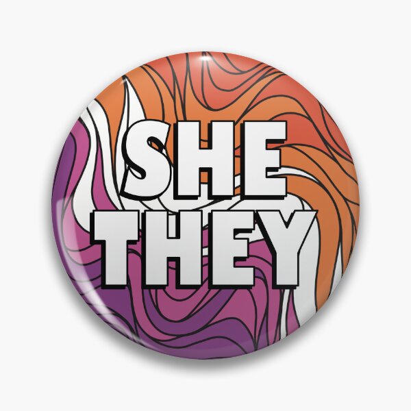 Aperçu de l'œuvre Badge pronom elle/ils sur les couleurs de la fierté lesbienne créée et vendue par TheCornerOnline.