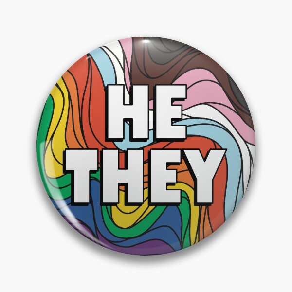 Item preview, He/They Pronoun Badge on Progress Pride Colours designed and sold by TheCornerOnline.