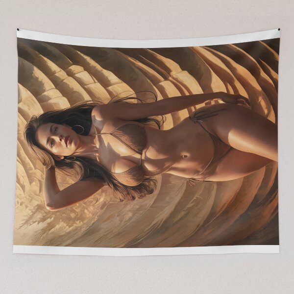 Item preview, Beautiful Young Lady Posing in Brown Bikini Against Brown Fabric Background, Enlightened by the Warm Light of the Sun designed and sold by RvinJo8.