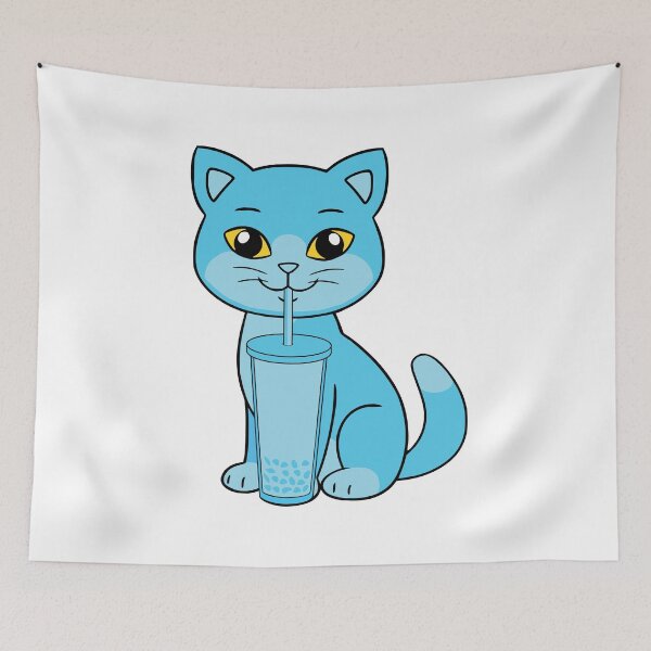 Item preview, Blue cat drinking bubble tea designed and sold by UniqueDesignHub.