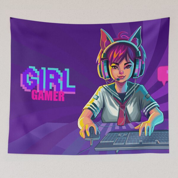 Item preview, Asian girl gamer or streamer with with cat ears headset designed and sold by Ekaterina Glazkova.