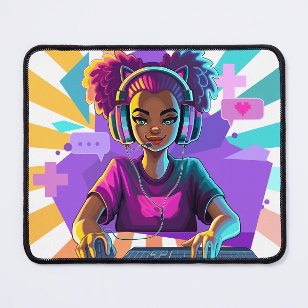 Item preview, African girl gamer or streamer with cat ears headset  designed and sold by Ekaterina Glazkova.