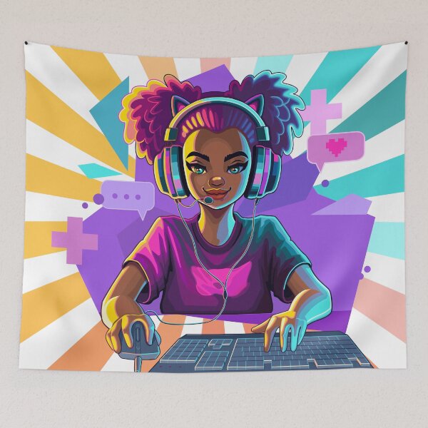 Item preview, African girl gamer or streamer with cat ears headset  designed and sold by Ekaterina Glazkova.