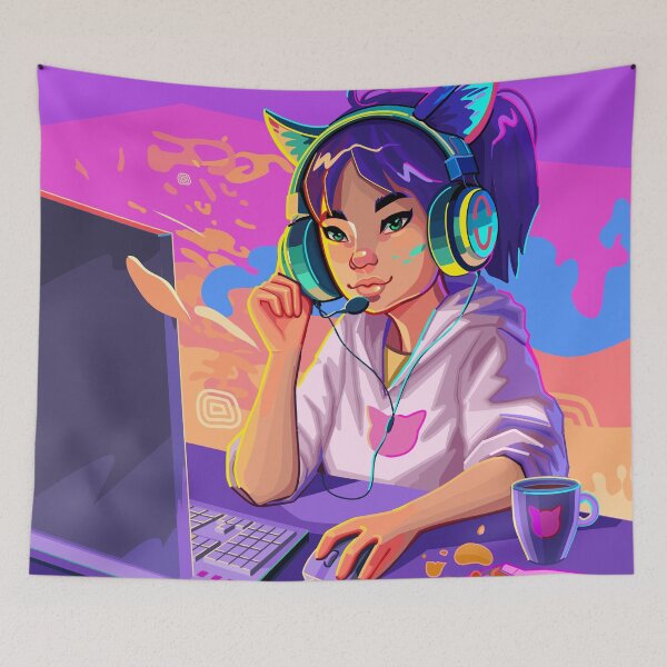 Item preview, Asian girl gamer or streamer with with cat ears headset designed and sold by Ekaterina Glazkova.