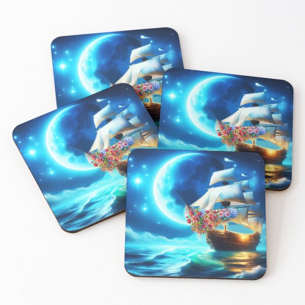 Item preview, Floral Ship Under the Crescent Moon designed and sold by EmeraldeaArt.