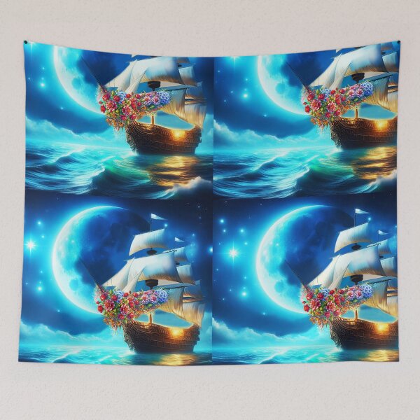 Item preview, Floral Ship Under the Crescent Moon designed and sold by EmeraldeaArt.