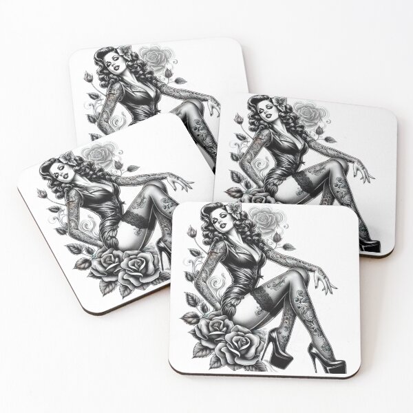Item preview, Beautiful Retro Woman With Roses black and white sketch tattoo designed and sold by Expressions-Sel.