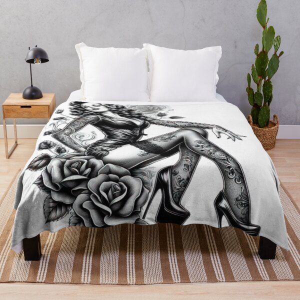 Item preview, Beautiful Retro Woman With Roses black and white sketch tattoo designed and sold by Expressions-Sel.