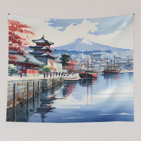 Item preview, Mount Hakodate: Vibrant Port in Watercolor Splendor designed and sold by LSVart.