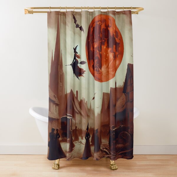 flying witch on a broom with moon, vintage picture Shower Curtain