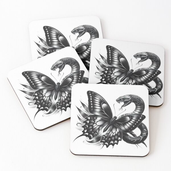 Item preview, Snake with butterfly black and white sketch tattoo designed and sold by Expressions-Sel.